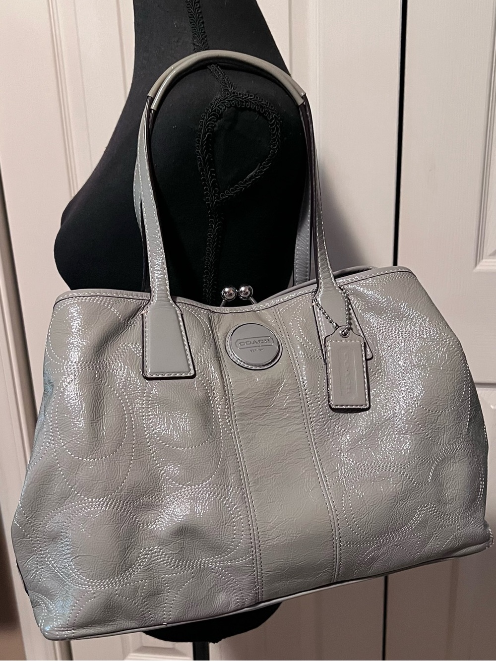 Like New Coach Signature Stitch Framed Carryall Shoulder Bag with Kisslock—Gray - Picture 1 of 16